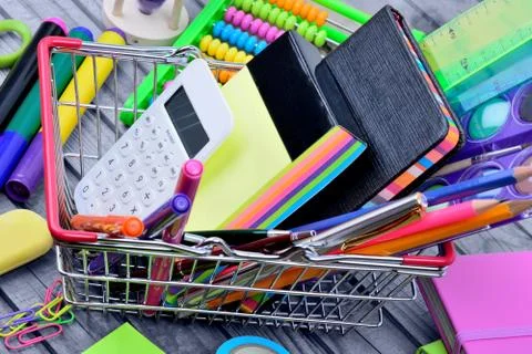 Many objects school in a basket Stock Photos