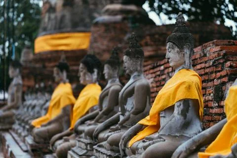 Many old Buddha statues in the ancient city of Ayutthaya, Thailand. Stock Photos