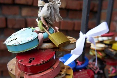 Many old different love locks on the fence Stock Photos