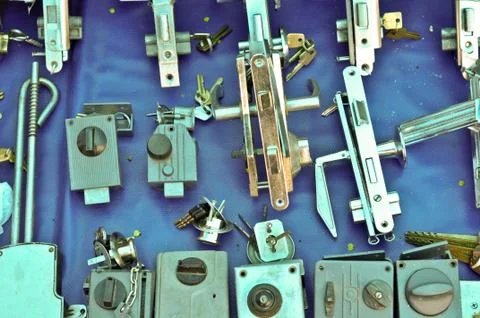 Many Old door locks on open-air bazaar Stock Photos