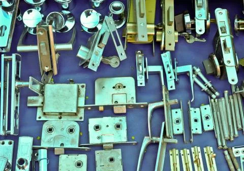 Many Old door locks on open-air bazaar Foto stock