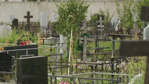 Many old marble graves, gray tomb stones, wooden crosses between green trees Stock Footage 143842958