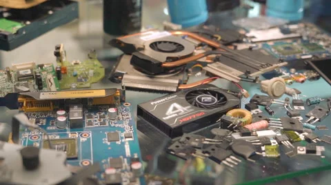 Many Old Parts and Computer Chips Computing Systems Closeup Stock Footage 68386162