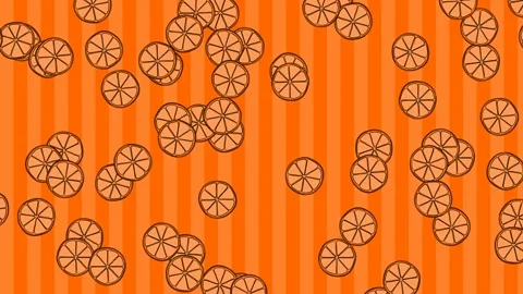 Many orange fruit slices falling down on orange striped background. Cartoon h Stock Footage 148462893