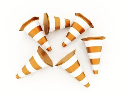 Many orange road cones crashed rendered on white background Stock Illustration