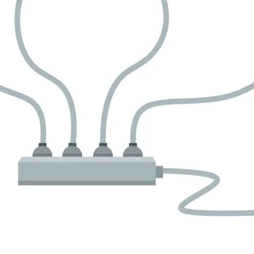 Many outlets to plug with wires. load on system. Cartoon flat illustration. Stock Illustration
