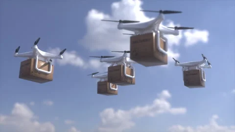 Many packages delivered by drones.Group quadcopter drones deliver parcels 스톡 동영상 253823562