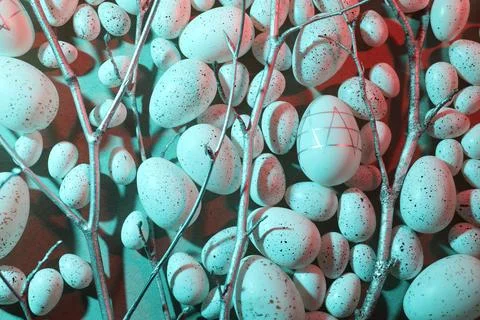 Many painted Easter eggs and tree twigs in blue neon light, flat lay Stock Photos