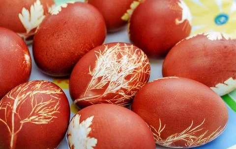 Many painted Easter eggs as background, top view Stock Photos