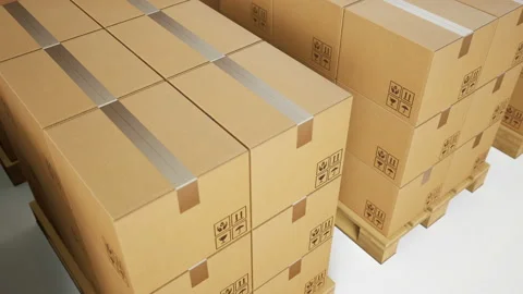 Many pallets with cardboard boxes, loopable clip. 動画素材 112475228