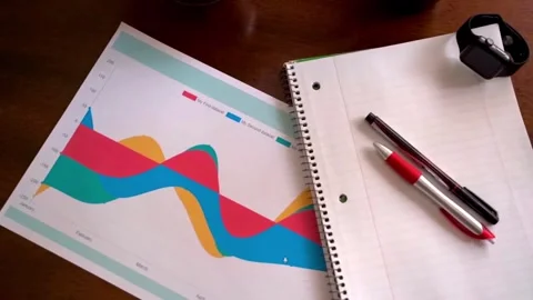Many paper sheets with chart, data, report, sticky notes, and notebook Stock Footage 256741875