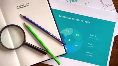 Many paper sheets with chart, data, report, sticky notes, and notebook about a Stock-Footage 334654004