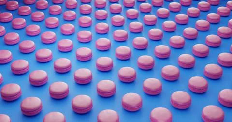 Many pastel pink macarons distributed in lines on blue background Stock Illustration