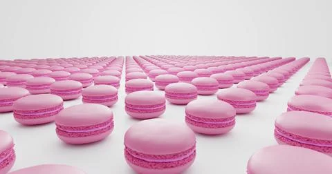 Many pastel pink macarons distributed in lines on white background Stock Illustration
