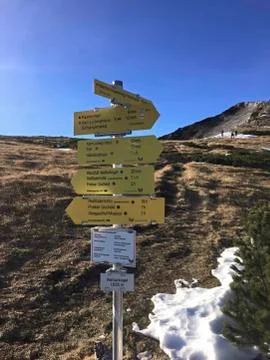 Many path signs on a mountian Stock Photos