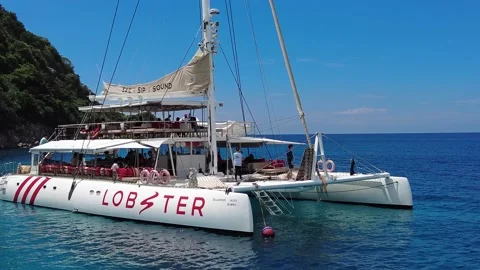 Many people aboard a large sailing catamaran in the tropics Stock Footage 220700245