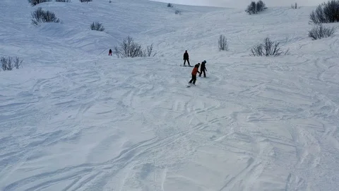 Many people are freeriding down the hill, fluffy fresh snow, aerial footage in Stock Footage 105776660