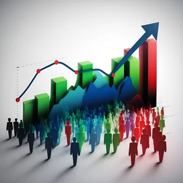 Many people are lined up next to a chart with arrows Stock Illustration