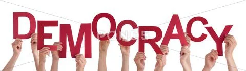 Many People Hands Holding Red Word Democracy Stock Photos