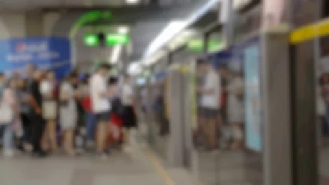 Many people queue wait for the skytrain, Abstract blur background Stock Footage 234170109