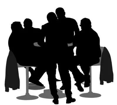 Many people sitting and talking vector silhouette illustration. Group of friends Stock Illustration