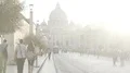 Many people walking brightly sunlit street, church in Vatican City, slow motion HD Footage