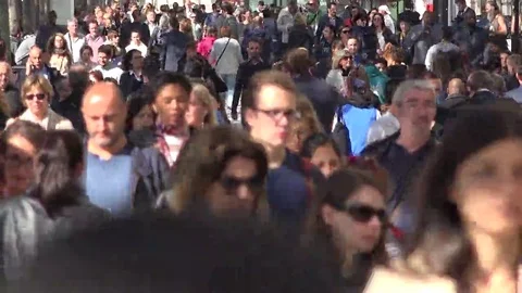Many people walking on crowd street, modern life passing fast Stock Footage