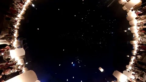 Many Peoples Floating Fire Sky Lanterns Up To The Sky Of Thailand Stock Footage 126537271