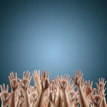 Many people's hands up on blue background Stock-Fotos