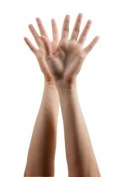 Many people's hands up isolated on white background. Various han Stock-Fotos