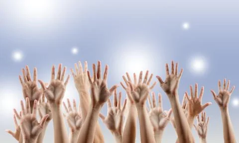 Many people's hands up isolated on white background. Various han Stock Photos