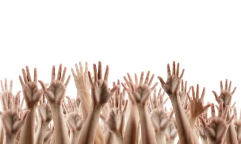 Many people's hands up isolated on white background. Various han Stock Photos