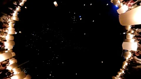 Many Peoples Release Flying Sky Lanterns Floating Up To The Sky Stock Footage 126590287