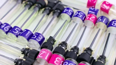 Many perfume samples, colognes and fragrances tester bottles rotation Stock Footage 240927406