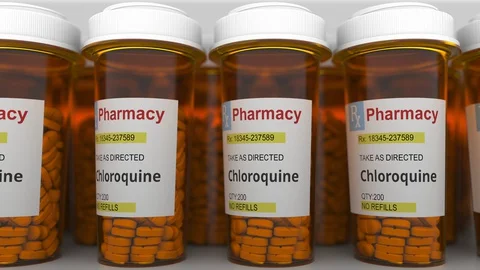 Many pharmacy vials with chloroquine generic drug pills as a possible Stock Footage 127625485