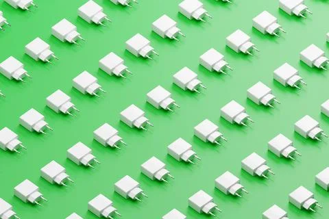 Many phone chargers in a row over green background, 3d rendering of power Ilustração Stock