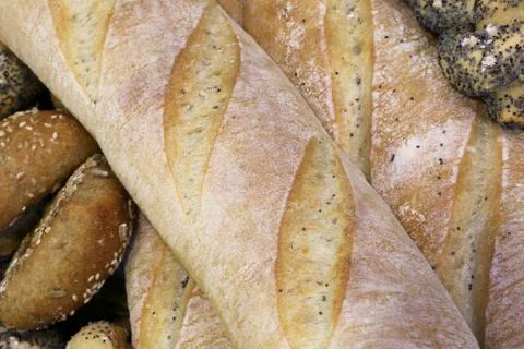 Many pieces of fresh bread in the bakery with fragrant loaves and baguettes Stock Photos