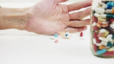 Many pills fall from the hand of a man. Pharmacy Stock Footage 100042786