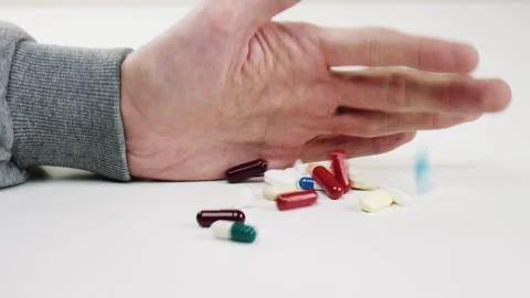 Many pills fall from the hand of a man. Pharmacy Stock Footage 100042830