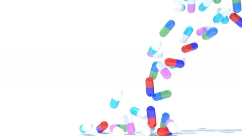 Many pills fall on white background, 3d animation Stock Footage 131511808