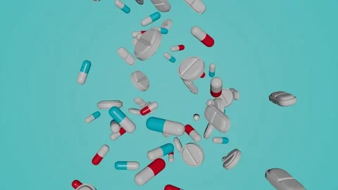 Many pills falling down on blue background. Medical promotion concept.	 Stock Footage 168536302
