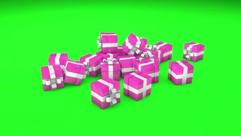 Many pink gift boxes fall on a green background. 3D animation. Stock Footage 255966511