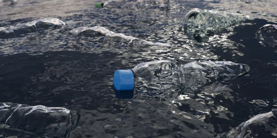 Many plastic bottles floating in the ocean water, environment pollution, ga.. Stock Photos