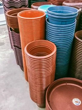 Many plastic flower pots Stock Photos