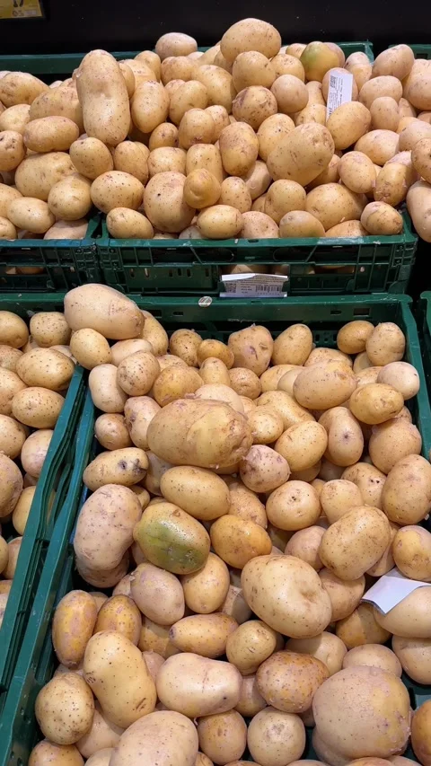 Many potatoes on display in boxes in a store, carbohydrates, potato agriculture Stock Footage 280640656