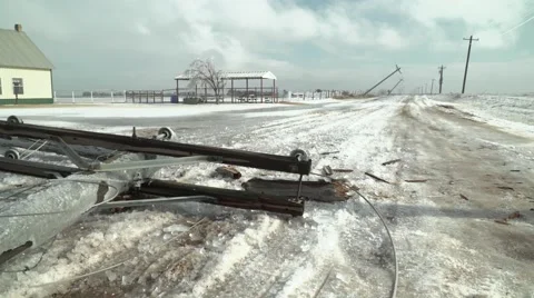 Many power poles broken in ice storm Видео 59684584