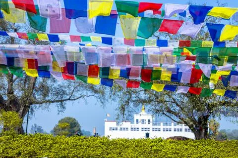 Many prayer flags in the wind against the Holy Maya Devi Temple in Lumbini, N Stock Photos