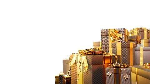 Many present boxes on white for cyber monday giveaway, isolated Illustrazione stock