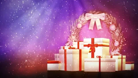 Many present boxes with xmas chaplet and falling snow Video stock 166412220