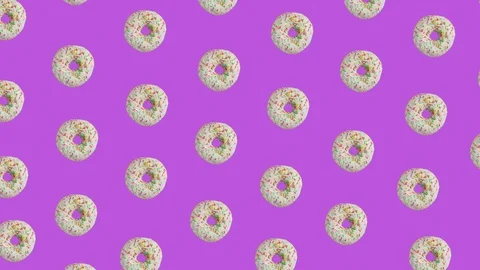 Many pulsating moving glazed donuts on purple background, 3d video animation. Stock Footage 123266309